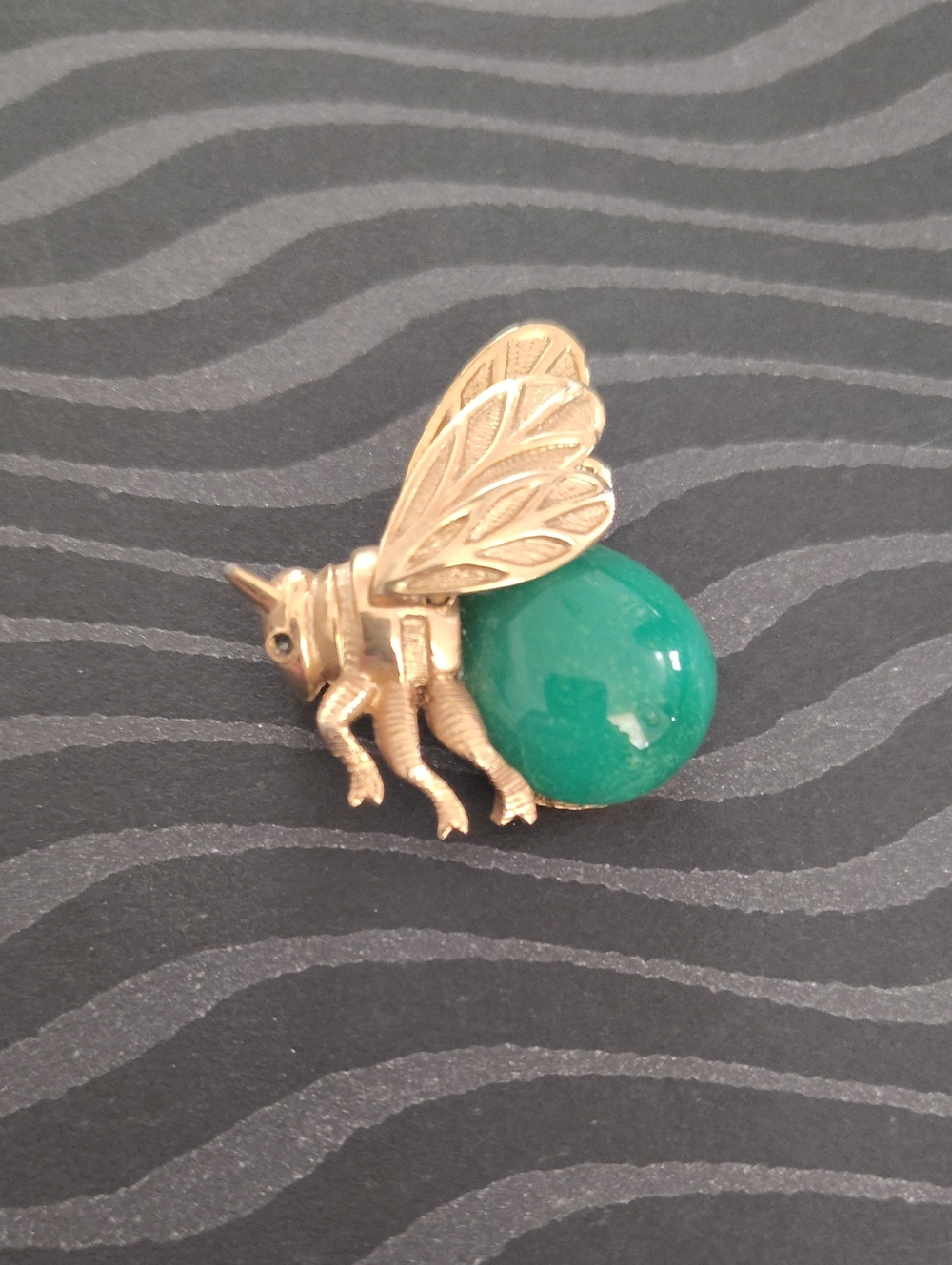 Gold Bee Brooch with Green Glass Cabochon